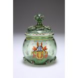 A BOHEMIAN THERESIENTHAL LIDDED JAR, 19TH CENTURY, decorated with a heraldic shield to the front and