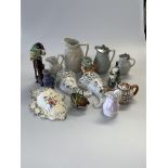 A group of ceramics inc. Staffordshire cow creamer, pair of cornucopia wall pockets, Italian faience