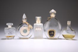 A COLLECTION OF VINTAGE GLASS PERFUME BOTTLES, including Dior (boxed), Guerlain and Caron. (5)