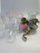 Group of oil lamp parts inc. two tinted shades, funnels, two burners with reservoirs, etc.