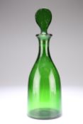 AN ENGLISH GREEN GLASS DECANTER, of mallet form, lozenge-shaped stopper. 33.5cm high Provenance: The