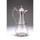 A VICTORIAN SILVER-PLATE MOUNTED CLARET JUG, the collar decorated with floral sprays, the