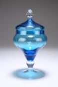 AN ITALIAN EMPOLI GLASS BOWL AND COVER, the Kingfisher blue bowl with domed cover and clear glass