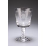 A GLASS GOBLET OF SUBSTANTIAL SIZE, the bucket bowl engraved with the arms of the Worshipful Company