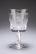 A GLASS GOBLET OF SUBSTANTIAL SIZE, the bucket bowl engraved with the arms of the Worshipful Company