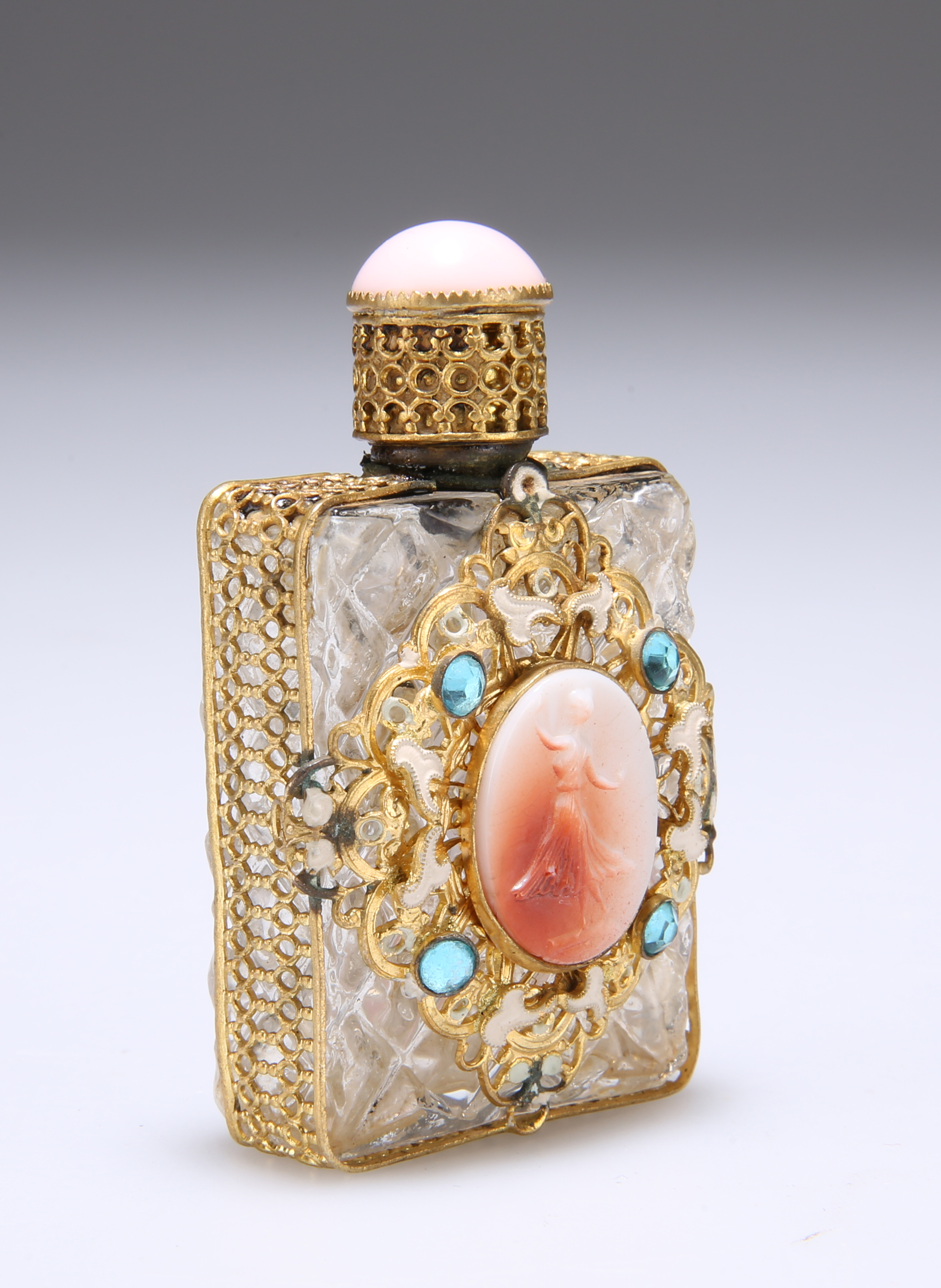 A FRENCH GILT-METAL MOUNTED AND "JEWELLED" SCENT FLASK, centred to the front with an oval plaque - Image 2 of 2