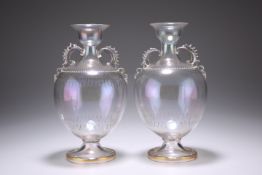 A PAIR OF SALVIATI GLASS VASES, the bulbous bodies decorated with gilt leaves, zigzags and white