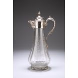 A LATE VICTORIAN SILVER-PLATE MOUNTED CLARET JUG, the mount with mask-cast spout and scrolling