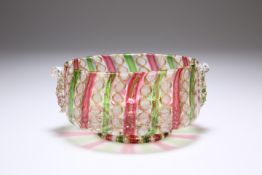 A MURANO GLASS BOWL, probably late 19th Century, circular with with stripes and twists of red,