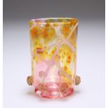 A SMALL MURANO GLASS BEAKER OR VASE, the cylindrical body with colours swirls, the base with six
