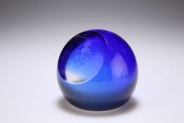 A BRISTOL BLUE GLASS PAPERWEIGHT, the slice-cut facade etched with a crest. 6.5cm high Provenance: