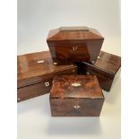 Four Victorian boxes comprising sarcophagus-form tea caddy, burr wood box (locked shut) and two