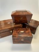 Four Victorian boxes comprising sarcophagus-form tea caddy, burr wood box (locked shut) and two