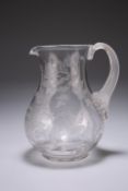 A STOURBRIDGE GLASS JUG, 19TH CENTURY, of baluster form, engraved with flowers, ferns and foliage,