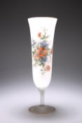 A RICHARDSON OPALINE FROSTED GLASS VASE, the bowl of elongated trumpet form, painted with a floral