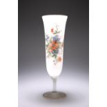 A RICHARDSON OPALINE FROSTED GLASS VASE, the bowl of elongated trumpet form, painted with a floral