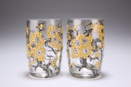 A PAIR OF ART DECO DELVAUX GLASS TUMBLER VASES, barrel-shaped, enamel painted in the Oriental manner