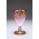 A FINE MOSER ENAMELLED AND "JEWELLED" GLASS GOBLET, the pink/opaline shaded glass picked out with