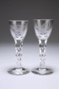 TWO JACOBITE STYLE CORDIAL GLASSES, POSSIBLY WHITEFRIARS, each bowl engraved with a bird and