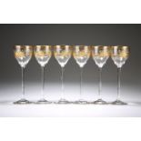 A SET OF SIX VENETIAN GILDED GLASS WINES, POSSIBLY SALVIATI, cut and gilded with roses, fronds and a