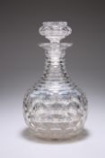 A VICTORIAN CUT-GLASS DECANTER AND STOPPER, the globular body with slice-cut "eyes" below a