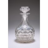 A VICTORIAN CUT-GLASS DECANTER AND STOPPER, the globular body with slice-cut "eyes" below a