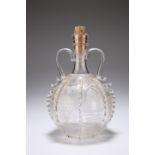 AN 18TH CENTURY GLASS FLASK, PROBABLY LOW COUNTRIES, with twin-handles and glass trails running down