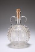 AN 18TH CENTURY GLASS FLASK, PROBABLY LOW COUNTRIES, with twin-handles and glass trails running down
