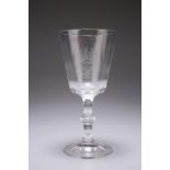 A 20TH CENTURY GLASS GOBLET WITH CHARTERHOUSE CREST, the bucket bowl raised on a single-knop stem.