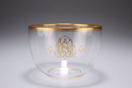 A MONOGRAMMED GILDED GLASS BOWL, MID-19TH CENTURY, circular, gilded rim. 12cm wide Provenance: The