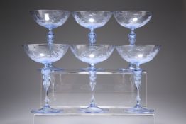 A SET OF SIX VENETIAN SALVIATI CHAMPAGNE COUPES, each wide shallow bowl decorated with seascape of
