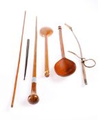 TWO TREEN LADLES, together with A VINTAGE YARDSTICK, CROP, A DRUMSTICK and A CANE, with spliced knob
