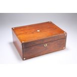 A 19TH CENTURY MOTHER-OF-PEARL INLAID ROSEWOOD BOX, rectangular, vacant interior. 29.5cm wide