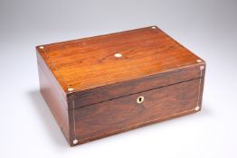 A 19TH CENTURY MOTHER-OF-PEARL INLAID ROSEWOOD BOX, rectangular, vacant interior. 29.5cm wide