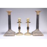 ~ A PAIR OF 19TH CENTURY GILT-BRASS AND LACQUERED CORINTHIAN COLUMN CANDLESTICKS, each with