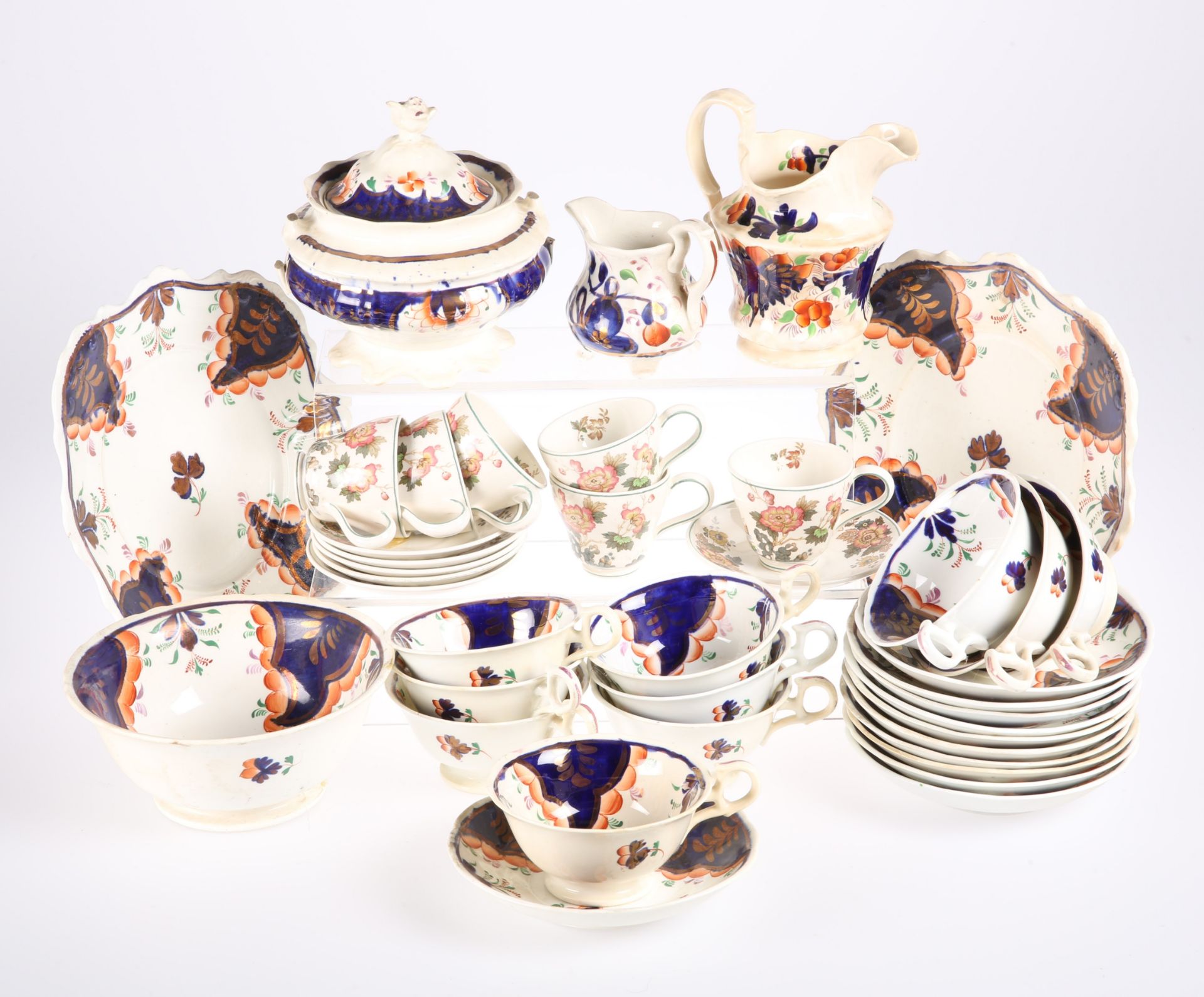 A GAUDY WELSH POTTERY TEA SERVICE, comprising sucrier, two cream jugs, slop bowl, two cake plates, - Image 2 of 2