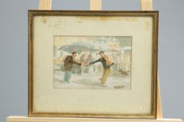 ~ ROLAND BATCHELOR (1889-1990), "BONJOUR MARCEL", signed lower right, watercolour, framed,16.5cm