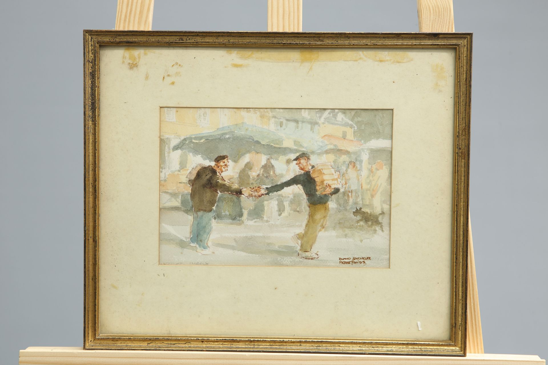 ~ ROLAND BATCHELOR (1889-1990), "BONJOUR MARCEL", signed lower right, watercolour, framed,16.5cm