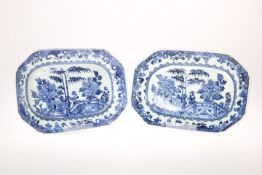 A PAIR OF 18TH CENTURY CHINESE BLUE AND WHITE DISHES, rectangular with canted corners, each