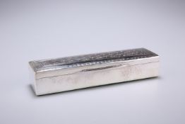 A LIBERTY & CO SILVER STAMP BOX, Birmingham 1912, rectangular planished form with hinged lid, two
