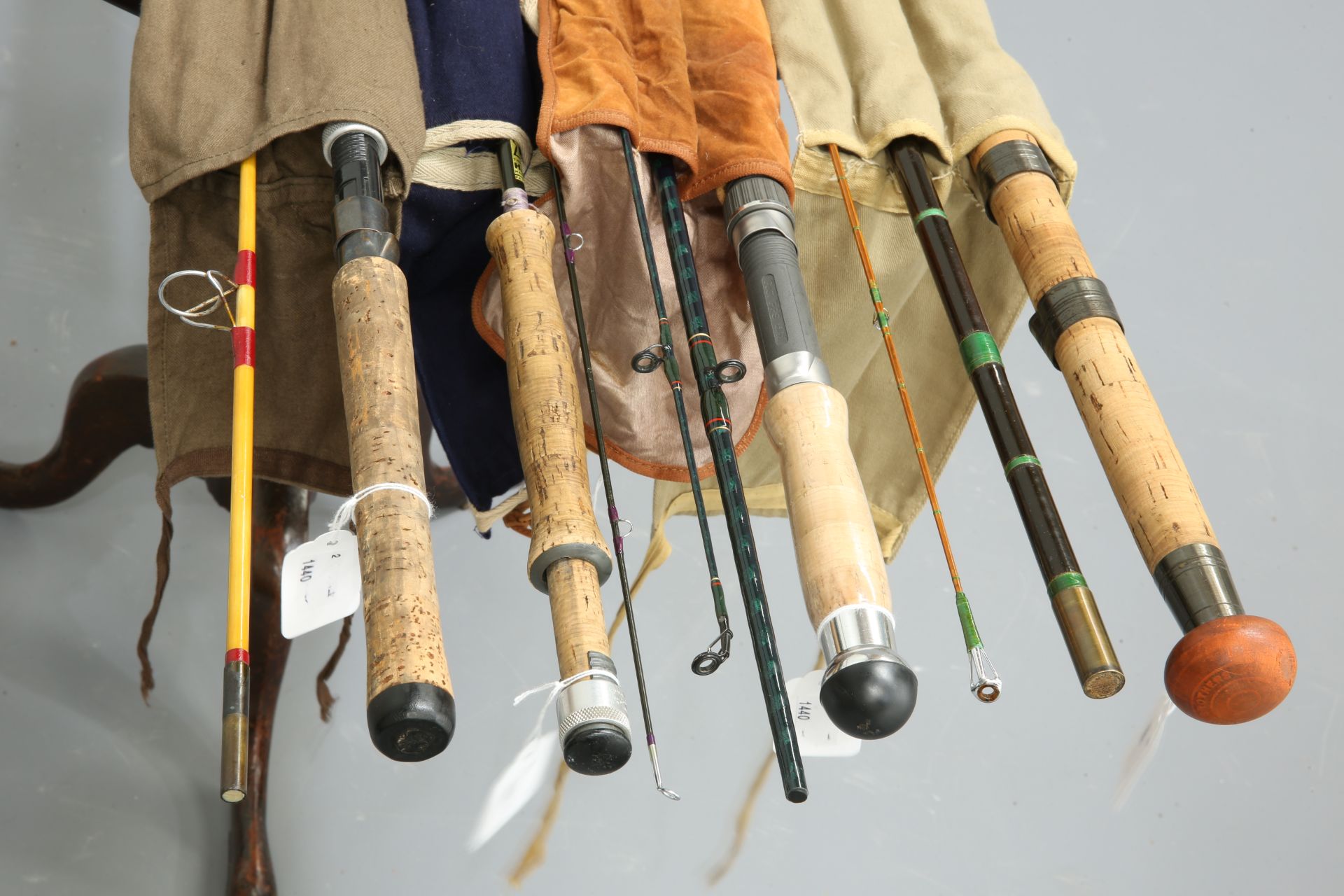 FISHING: four rods comprising BLACK SEAL SPINNING ROD, two pieces, 7'; UN-NAMED SALMON ROD, three
