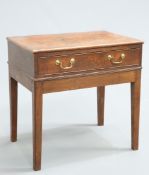 AN OAK SIDE TABLE, GEORGE III AND LATER, the frieze drawer fitted with brass swan-neck handles,