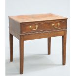 AN OAK SIDE TABLE, GEORGE III AND LATER, the frieze drawer fitted with brass swan-neck handles,