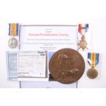 A WWI MEDAL TRIO AND DEATH PLAQUE, 10254 Thomas Chorley, East Lancashire Regiment.