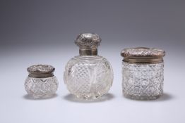 A GEORGE V SILVER MOUNTED SCENT BOTTLE, London 1934, the globular bottle with hobnail decoration,