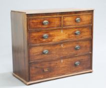 A GEORGE III MAHOGANY CHEST OF DRAWERS, the moulded rectangular top over two short over three long