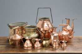 A LARGE COLLECTION OF 19TH CENTURY AND LATER COPPER AND BRASS WARES, including churn, kettles,