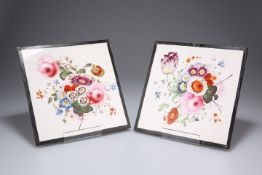 A PAIR OF ENGLISH FLORAL PAINTED POTTERY PLAQUES, 19TH CENTURY, square, each painted with a floral
