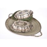~ A PAIR OF 19TH CENTURY SILVER-PLATED ENTREE DISHES, each crested with the motto "UBI AMOR IBI