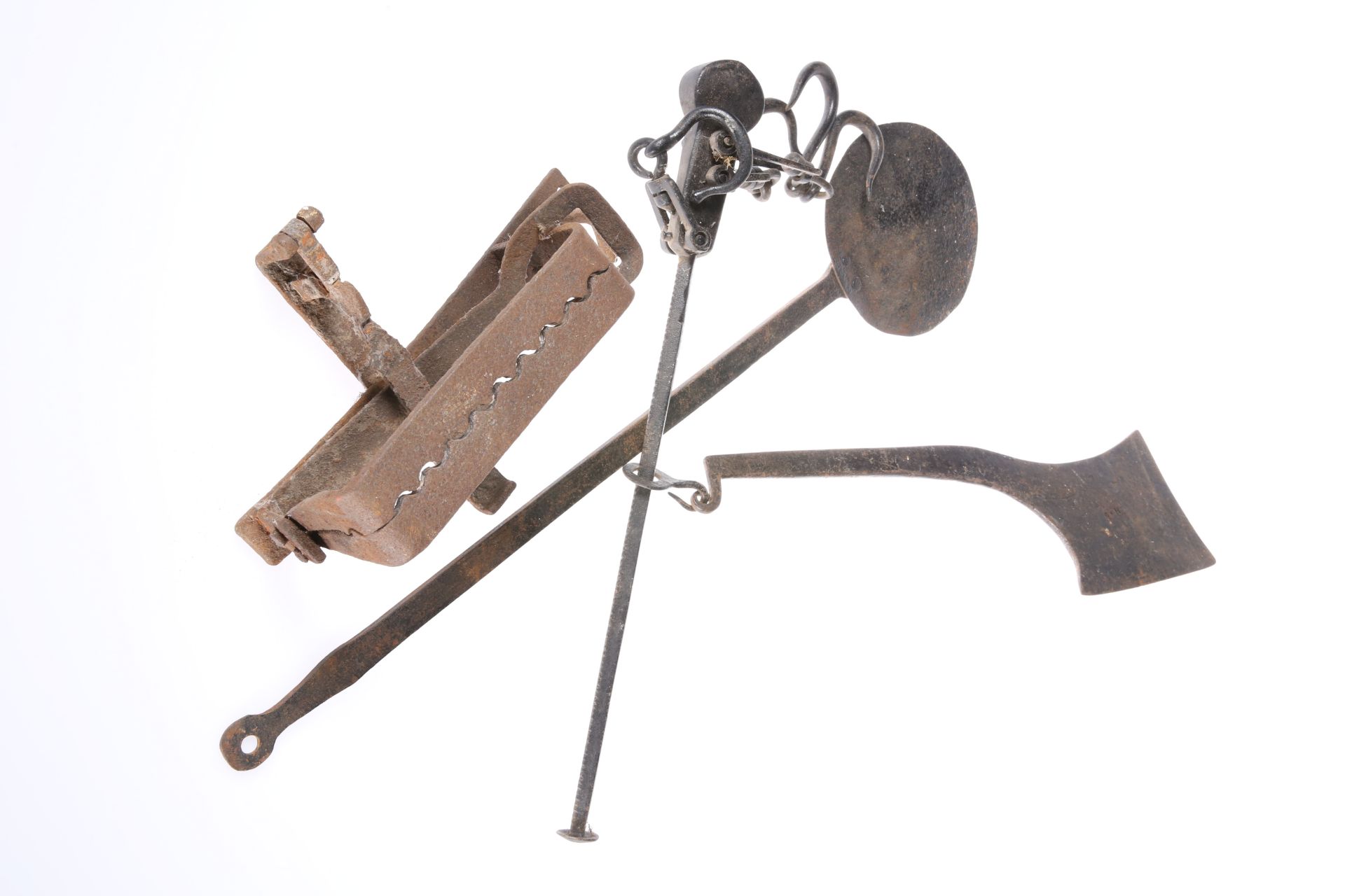 A GROUP OF ANTIQUE IRONWORK, including an antique animal trap